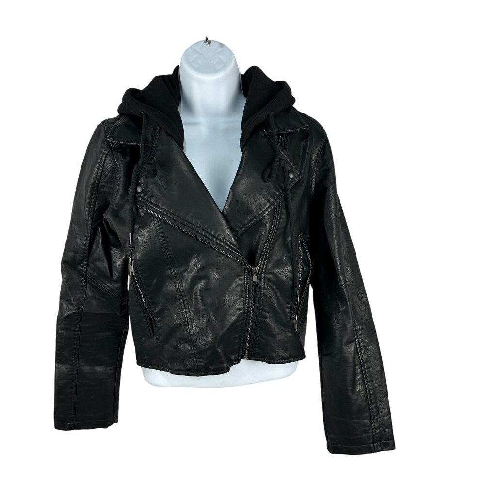 Saltwater Luxe Womens Faux Leather Moto Jacket With Hood Size XS